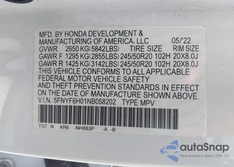 2022 Honda Pilot Awd Elite из США, поврежденный, VIN 5FNYF6H01NB058202
